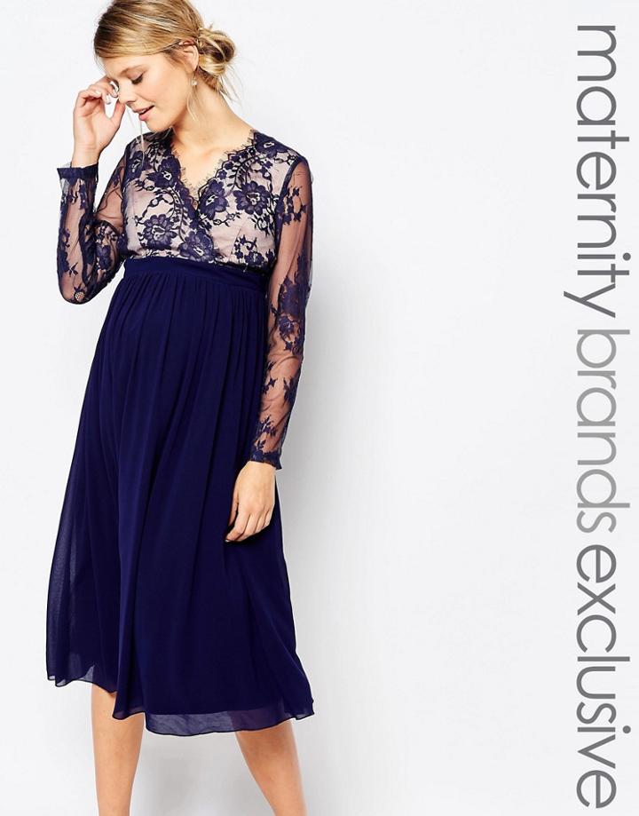 Little Mistress Maternity Lace Paneled Skater Dress - Navy