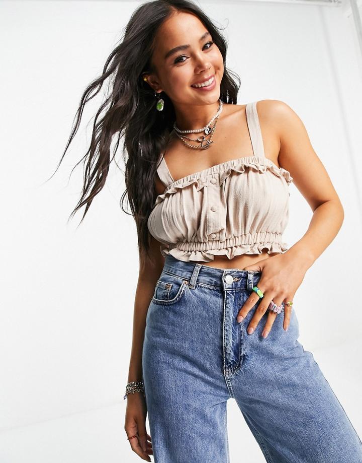 Topshop Frill Linen Button Front Crop Top In Ecru-white
