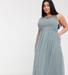 Little Mistress Plus Embellished Top Pleat Maxi Dress In Gray-grey