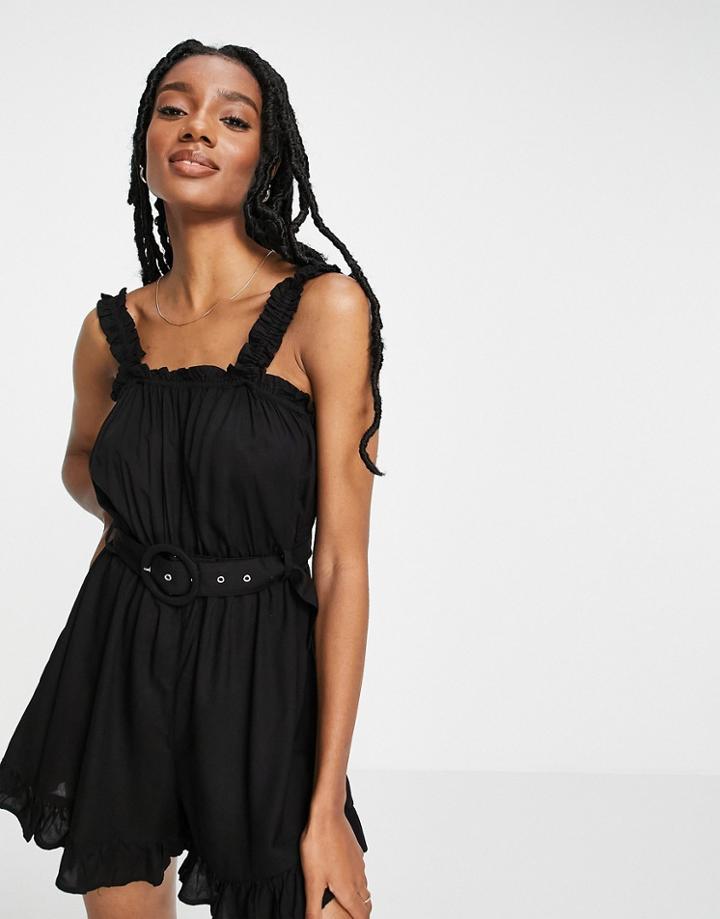 River Island Belted Frill Romper In Black