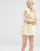 I Love Friday Dress With Ruffle Sleeves In Summer Stripe - Multi
