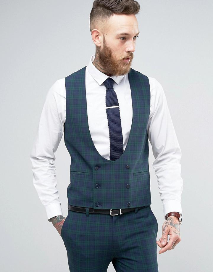 Asos Super Skinny Vest In Green Check - Green