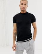 Bershka Knitted T-shirt In With Stripes In Black - Black