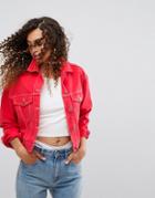 Asos Denim Jacket In Red With Contrast Threads - Red