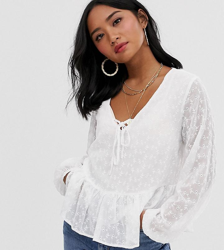 New Look Petite Tie Front Long Sleeve Shell Top In White - White