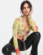 Asos Design Ruffle Top With Tie Front In Floral-multi