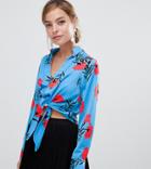 River Island Petite Tie Front Cropped Shirt In Blue Floral Print - Blue