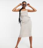 Asos Design Tall Cami Square Neck Tuck Midi Dress In Beige-neutral