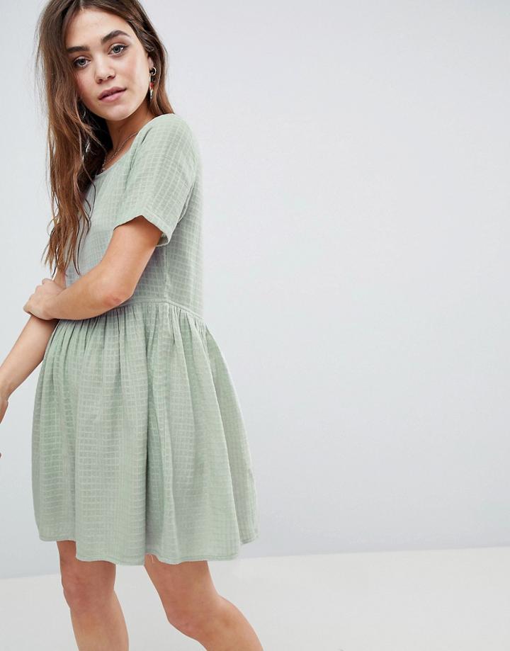 Asos Casual Mini Smock Dress In Grid Texture - Green