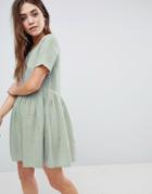 Asos Casual Mini Smock Dress In Grid Texture - Green