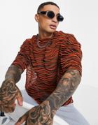Asos Design Oversized T-shirt In Orange Animal Burnout