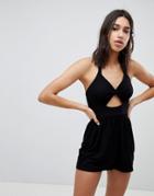 Asos Design Jersey Romper With Twist Back And Cut Out - Black
