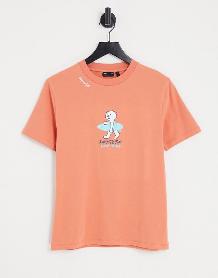 Asos Daysocial Shrunken Fit T-shirt With Surf Graphic Print And Logo Embroidery In Orange