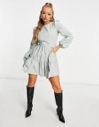 Missguided Tiered Smock Dress With Puff Sleeves In Sage-green