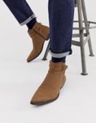 Asos Design Stacked Heel Chelsea Boots In Tan Faux Suede With Strap - Tan