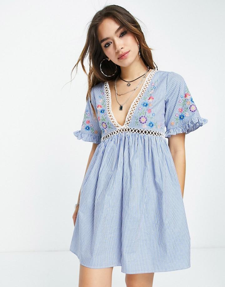 Asos Design Cotton Embroidered Sundress In Blue Stripe