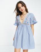 Asos Design Cotton Embroidered Sundress In Blue Stripe
