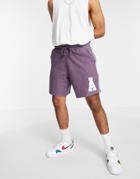 Asos Actual Relaxed Reverse Loopback Short In Purple With Applique Logo