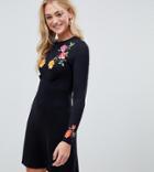 Asos Design Tall Embroidered Long Sleeve Tea Dress - Black