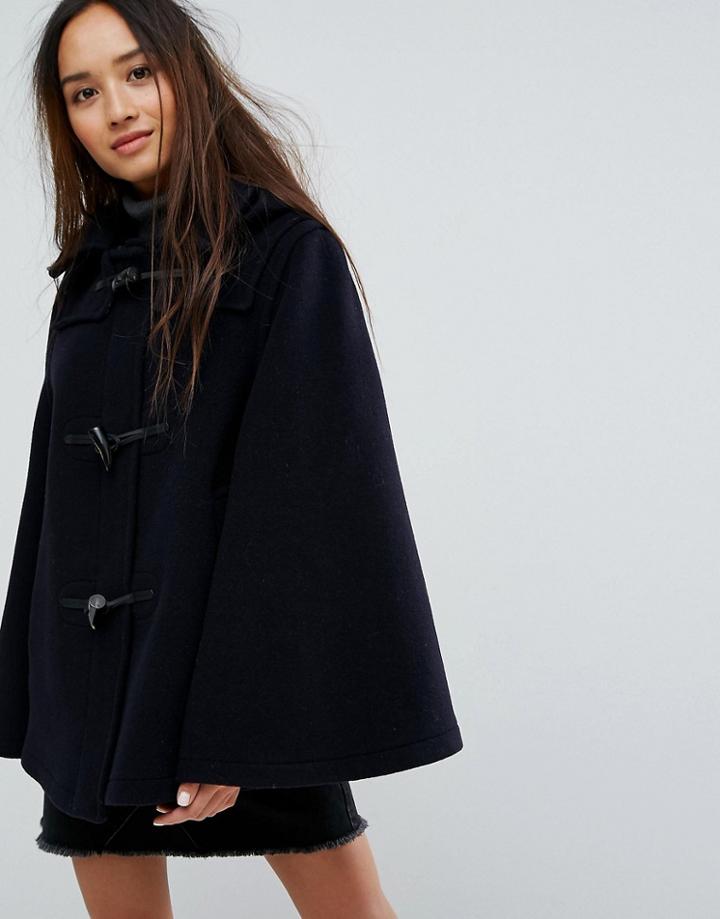 Gloverall Wool Blend Duffle Cape With Detachable Hood - Navy