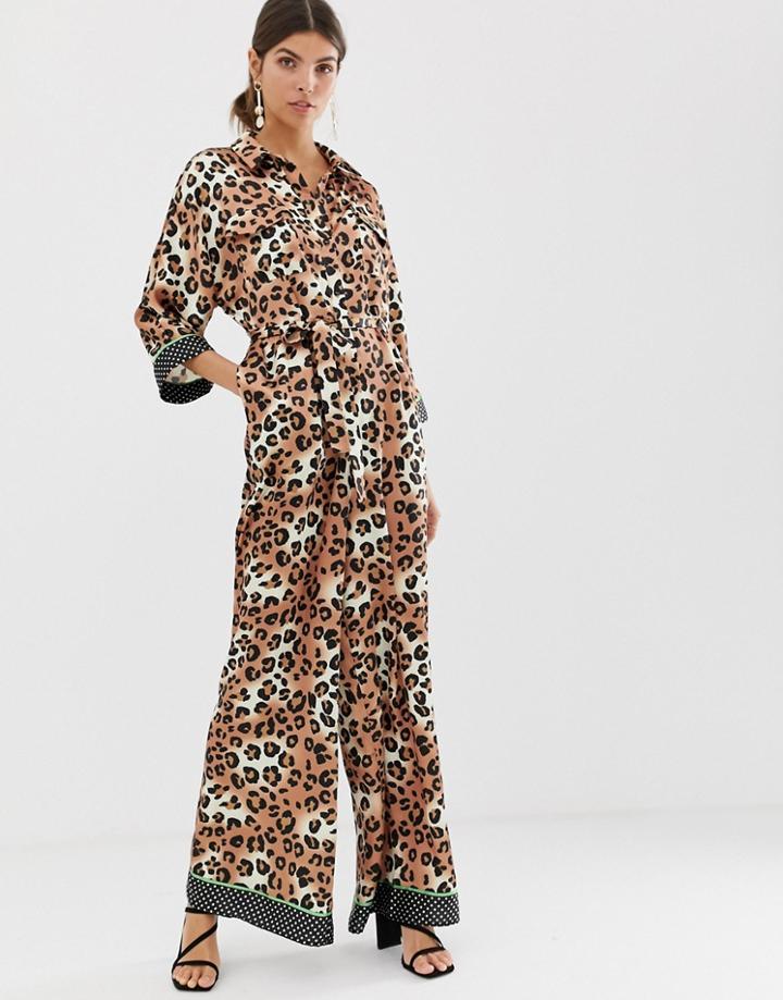 Liquorish Wide Leg Jumpsuit In Leopard Print With Neon Green Contrast-multi