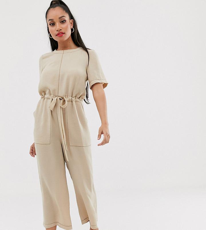 Asos Design Petite Contrast Stitch T-shirt Jumpsuit - Beige