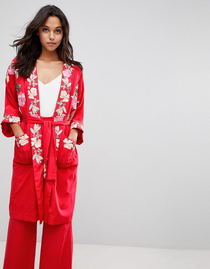 Millie Mackintosh Rose Embroidery Kimono Coat - Red