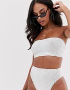 Asos Design Mix And Match Crinkle Bandeau Bikini Top In White Black-multi