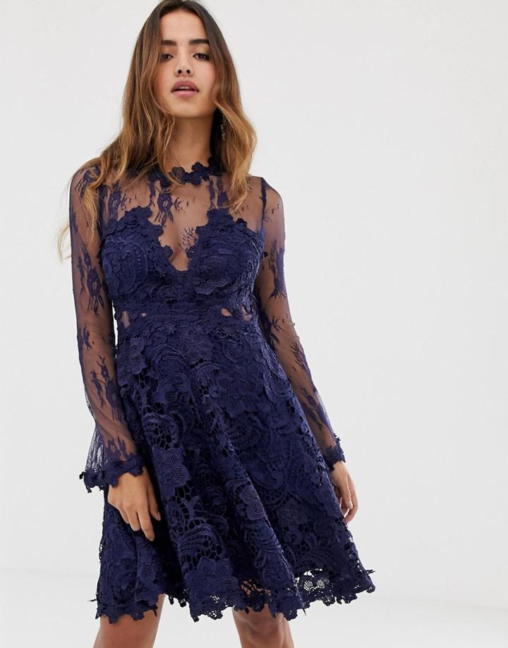 Forever U Lace Prom Midi Skater Dress In Navy - Navy