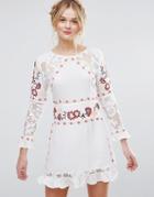 Rd & Koko Long Sleeve Skater Dress With Embroidered & Lace Panel - White