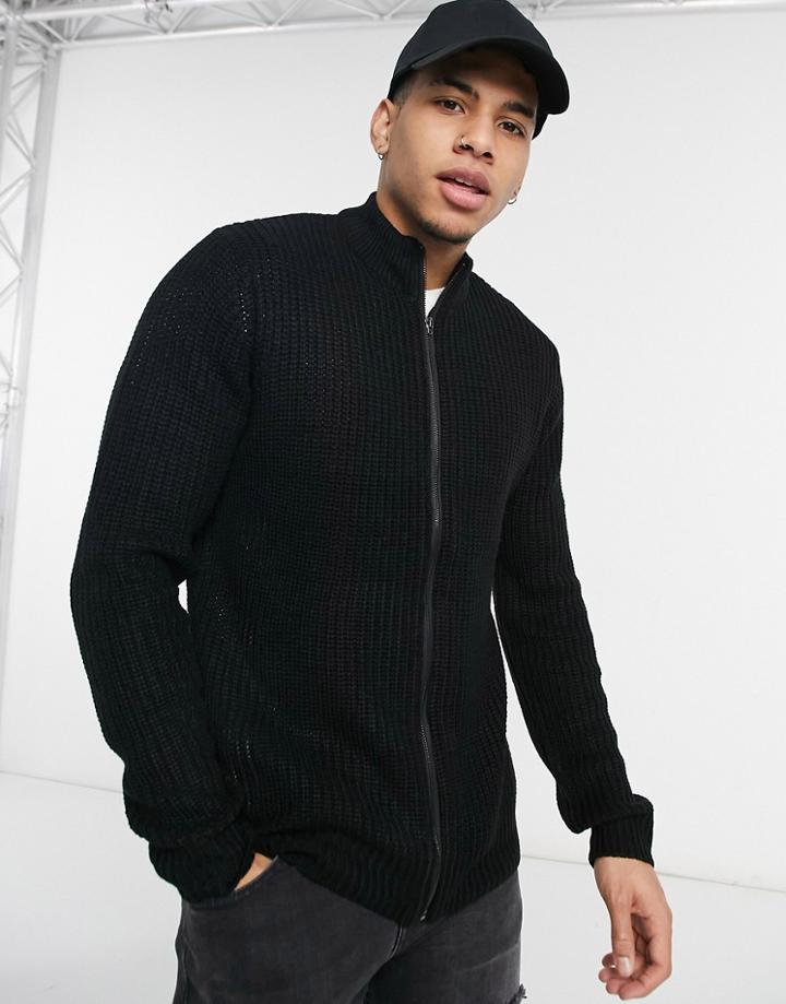 Brave Soul Funnel Neck Full Zip Sweater In Black
