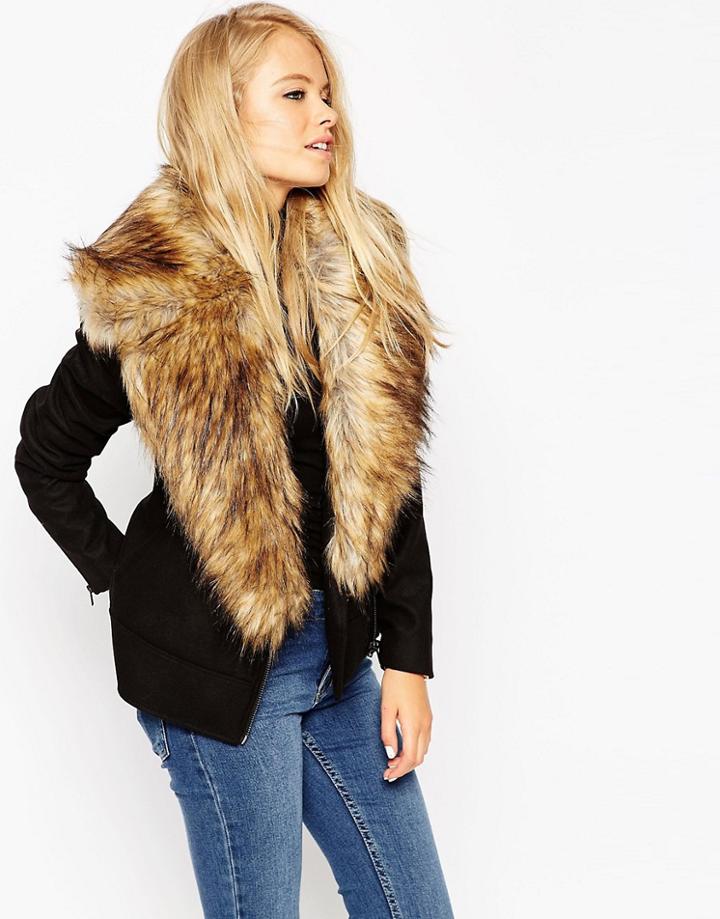 Asos Biker Jacket With Oversized Faux Fur Collar - Black