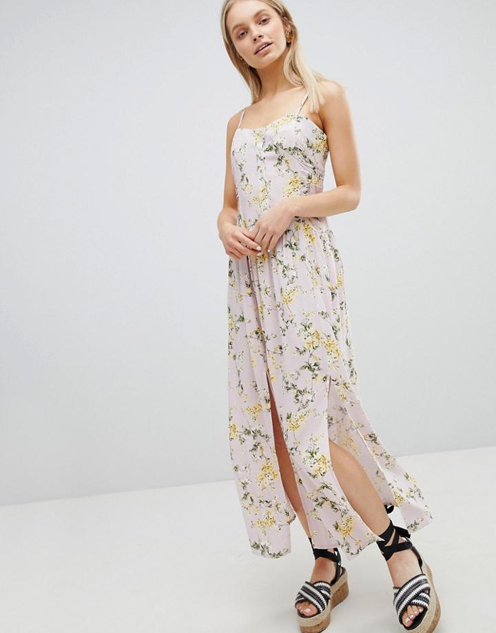 Asos Design Button Through Drop Waist Casual Maxi Dress In Ditsy Floral Print - Multi