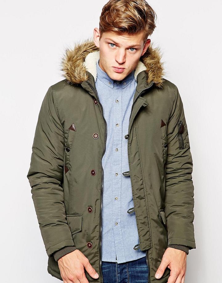 Brave Soul Parka Jacket Faux Fur Hood - Green