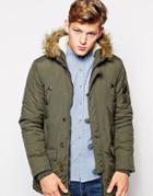 Brave Soul Parka Jacket Faux Fur Hood - Green