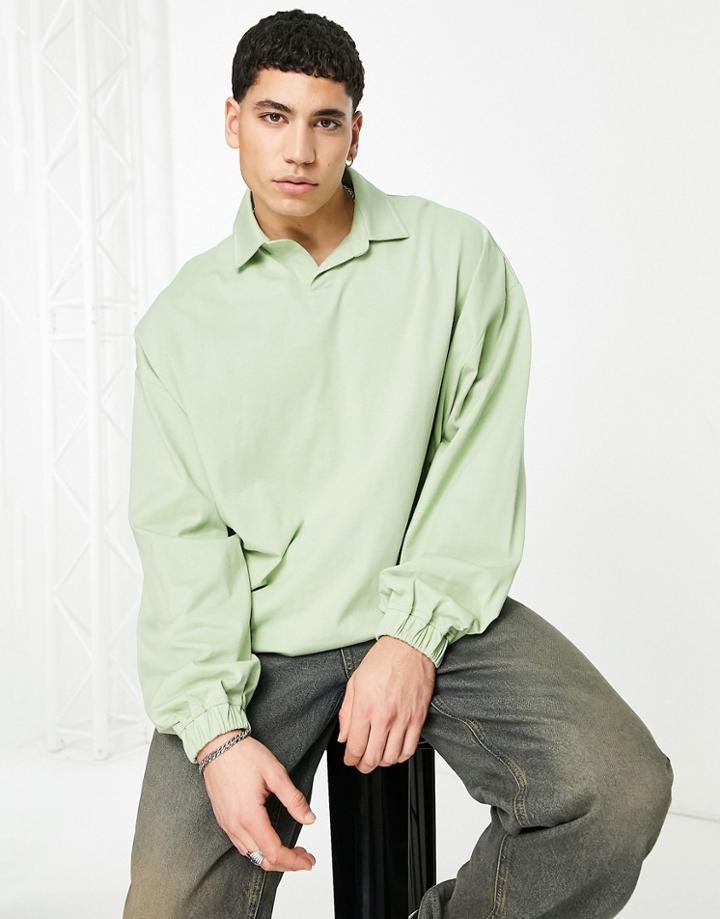 Asos Design Long Sleeve Oversized Polo With Elasticated Hem In Green