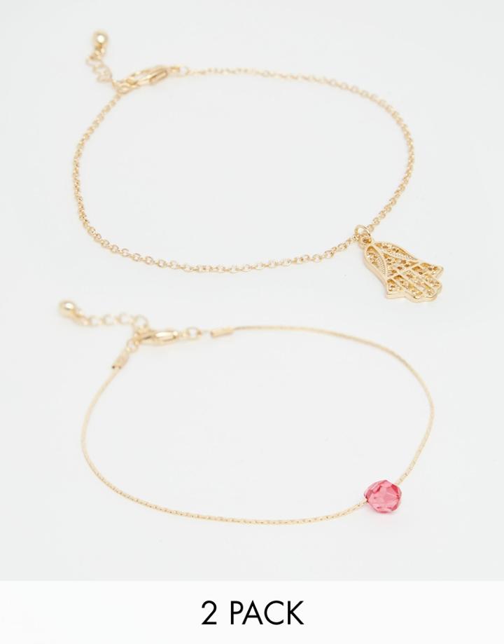 Asos Pack Of 2 Fine Chain Hamsa Anklets - Multi