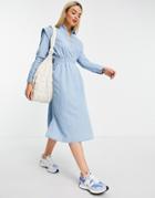 Selected Femme Midi Dress With Shoulder Detail And Tie Waist In Denim Blue-blues