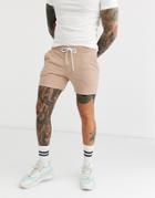 Asos Design Jersey Skinny Shorts In Shorter Length With Contrast Drawcord In Beige