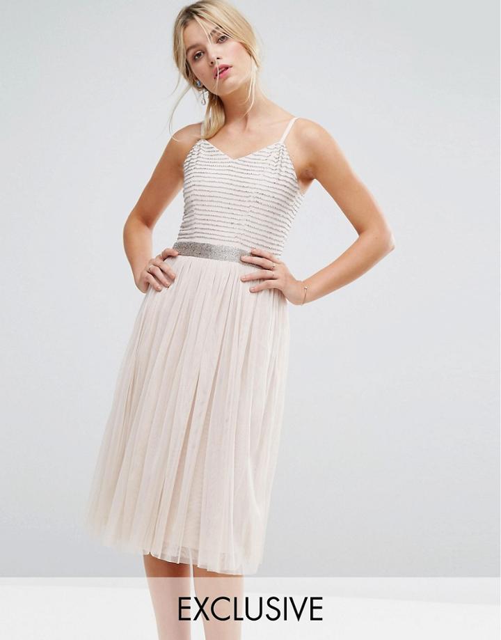 Amelia Rose Midi Cami Strap Dress With Tulle Skirt And Embellished Upper - Brown
