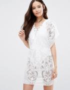 Liquorish Crochet Beach Cover Up With Lace Up Front - White