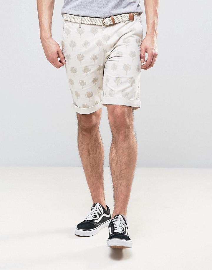 Bellfield Chino Shorts In Palm Print With Belt - Stone