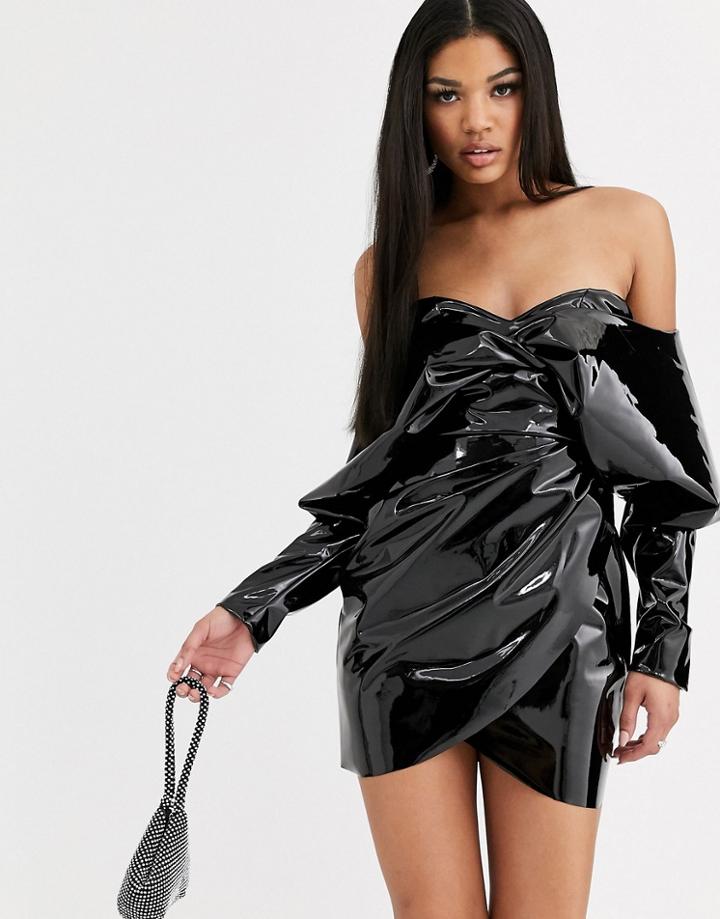 Asos Design Off Shoulder Long Sleeve Vinyl Wrap Mini Dress
