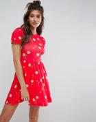 Asos Puff Ball Sleeve Tea Dress In Floral Print - Multi