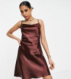 Flounce London Petite Cowl Neck Mini Dress In Chocolate Brown