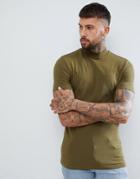 Asos Design Muscle Fit T-shirt With Turtle Neck In Khaki - Green