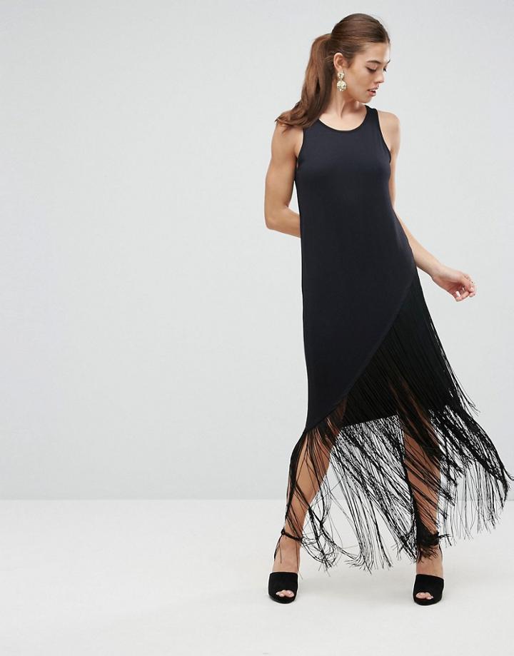 Asos Maxi Dress With Fringe Detail - Black