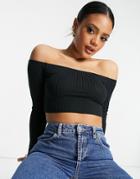 Flounce Off Shoulder Ribbed Crop Top In Black