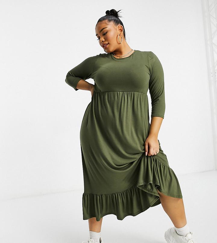 Yours Tiered Midi Dress In Khaki-green