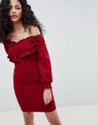 Parisian Off Shoulder Dress With Ruching Detail - Red